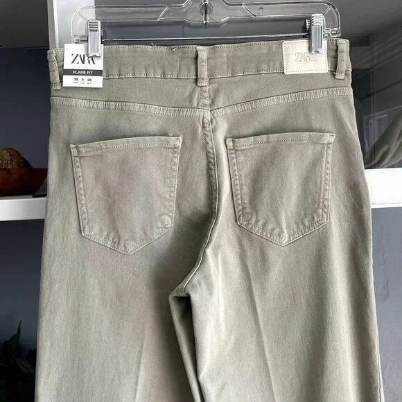 Zara High Rise Flare Fit Jeans Light Khaki - Picture 7 of 10